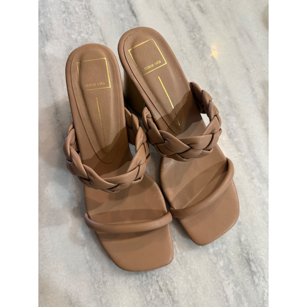 Dolce Vita Paily Braided Block Heel Sandals Tan Nude Square Toe Mule Size 9